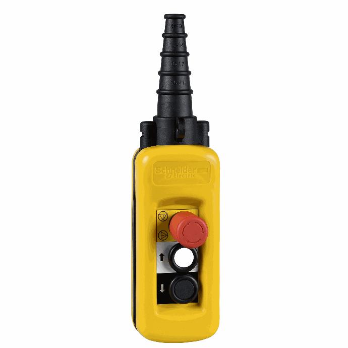 Schneider Electric - Pendant control station, plastic, yellow, 2 push buttons, 1 emergency stop - XACA2713