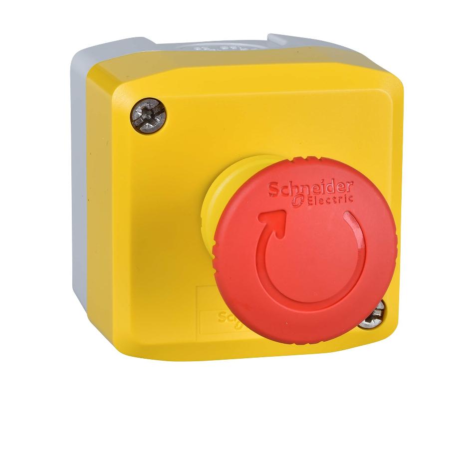 Schneider Electric - Control station, plastic, yellow lid, 1 red mushroom push button Ø40, turn to release, 1 NC - XALK178