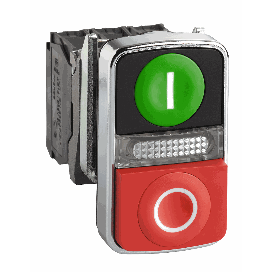 Schneider Electric - Illuminated double-headed push button, metal, Ø22, 1 green flush I + 1 pilot light + 1 red projecting O, 240 V AC, 1 NO + 1 NC - XB4BW73731M5