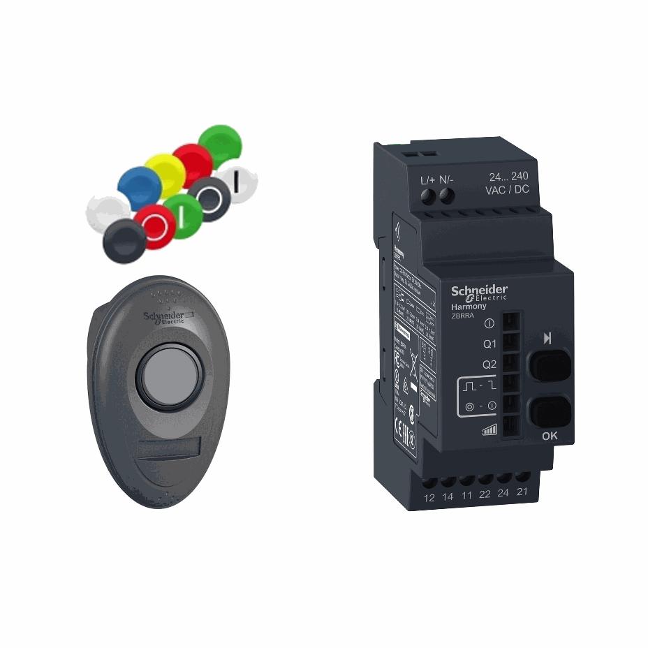 Schneider Electric - Pack with 1 wireless push button + 1 configurable receiver + 1 set of 10 colored caps, plastic, Ø22, 24...240 V AC/DC - XB5RMA04